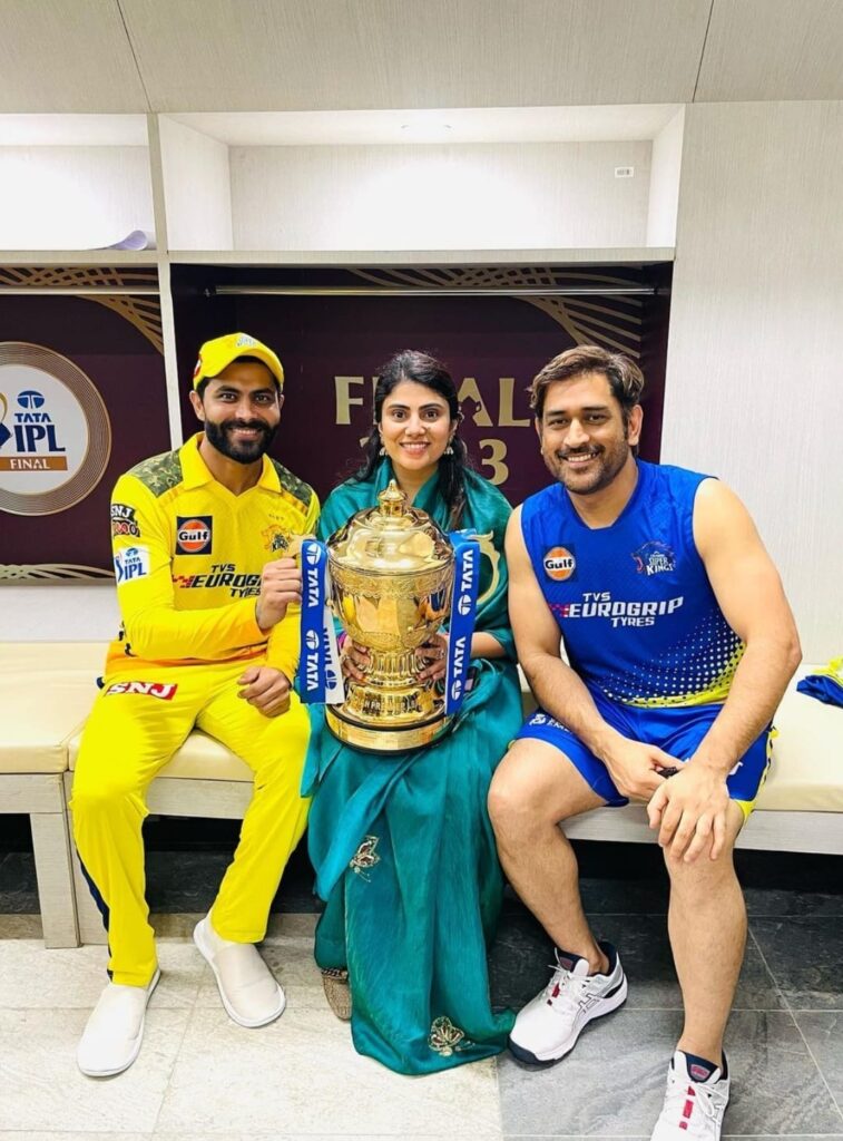 Ravindra Jadeja with wife Rivaba Ravindra Sinh Jadeja and Mahendra Singh Dhoni