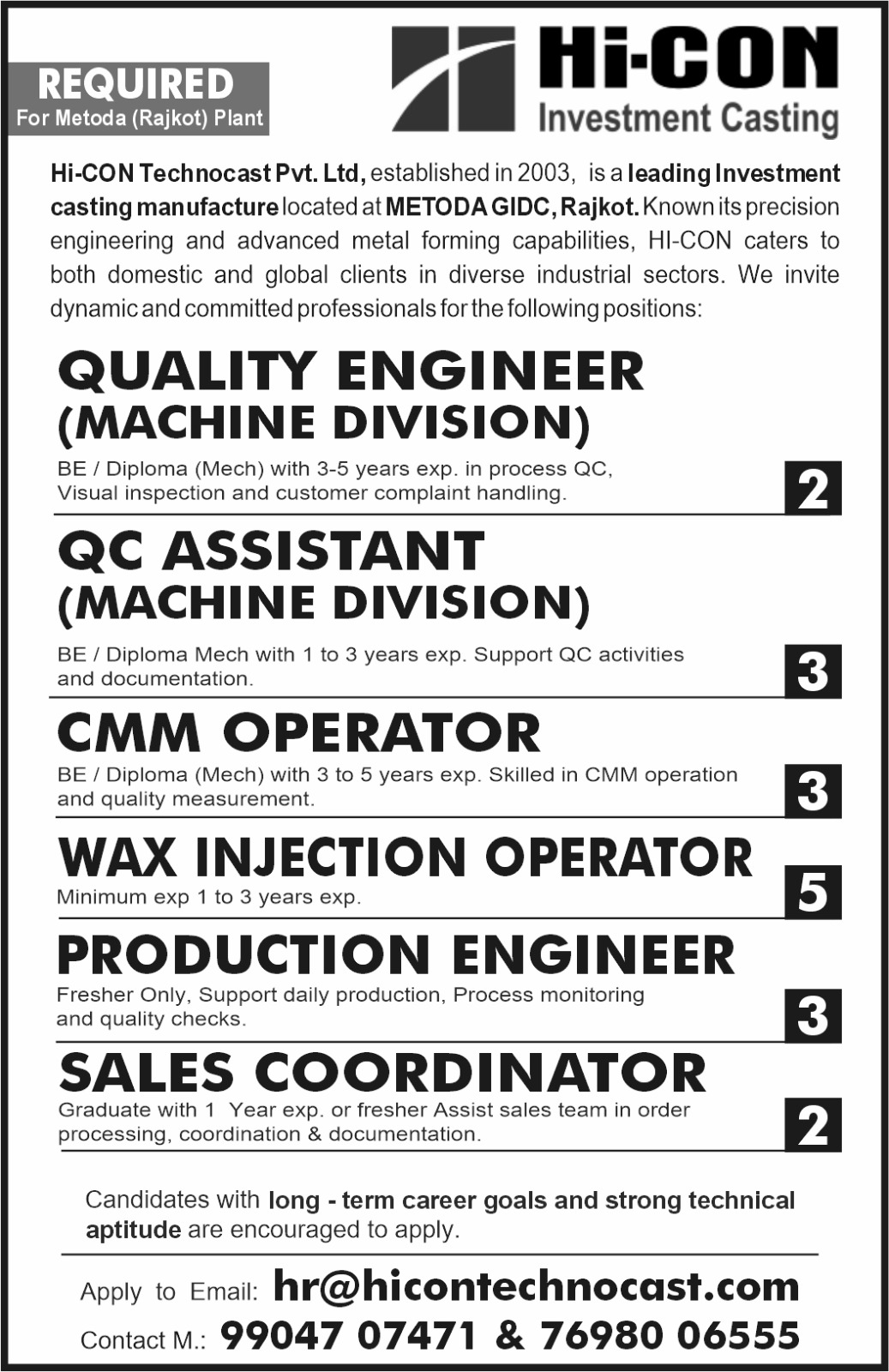 Investment Casting Jobs in Rajkot Latest Job Opening at Hi-CON Technocast Metoda GIDC Rajkot