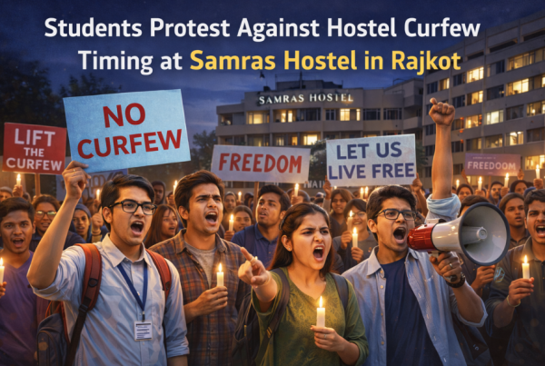 Students Protest Against Hostel Curfew Timing at Samras Hostel in Rajkot