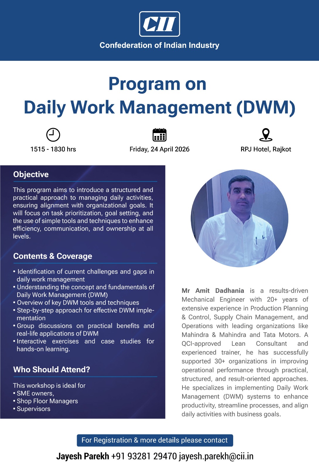 CII's Program on Daily Work Management for Manufacturing Companies in RPJ Hotel Rajkot