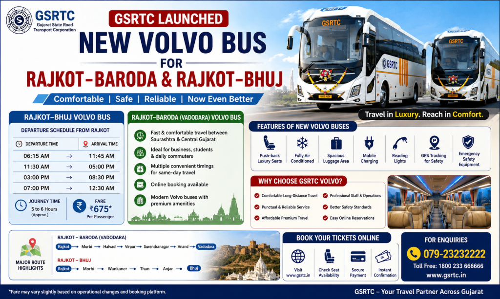 GSRTC Launched New Volvo Bus for Rajkot Baroda & Rajkot Bhuj - Latest Departure Time & Route Fare