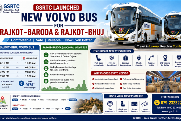 GSRTC Launched New Volvo Bus for Rajkot Baroda & Rajkot Bhuj - Latest Departure Time & Route Fare
