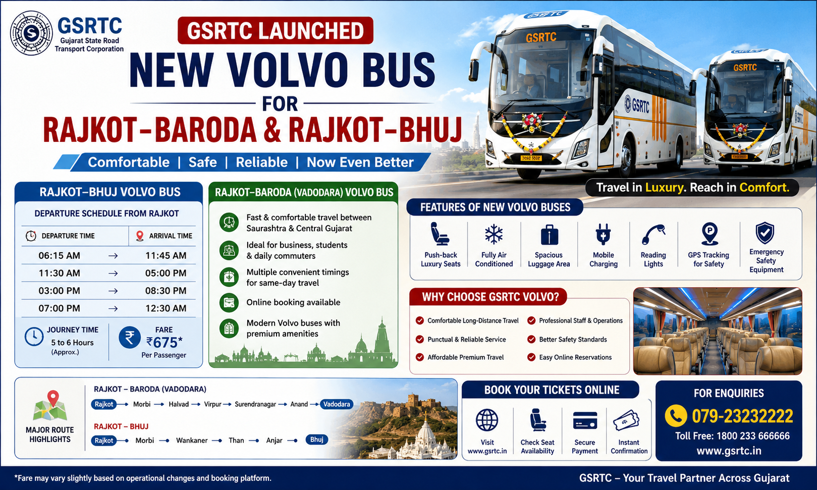 GSRTC Launched New Volvo Bus for Rajkot Baroda & Rajkot Bhuj - Latest Departure Time & Route Fare