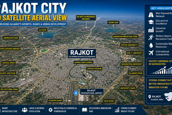 Rajkot City 3D Satellite Aerial View Showcasing Gujarat’s Growth, Roads & Urban Development