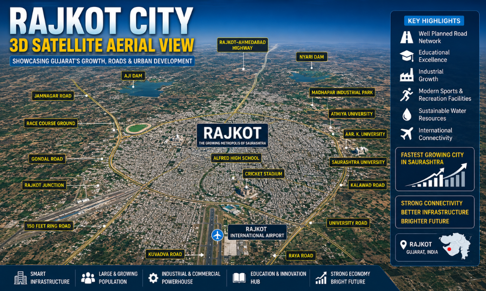 Rajkot City 3D Satellite Aerial View Showcasing Gujarat’s Growth, Roads & Urban Development