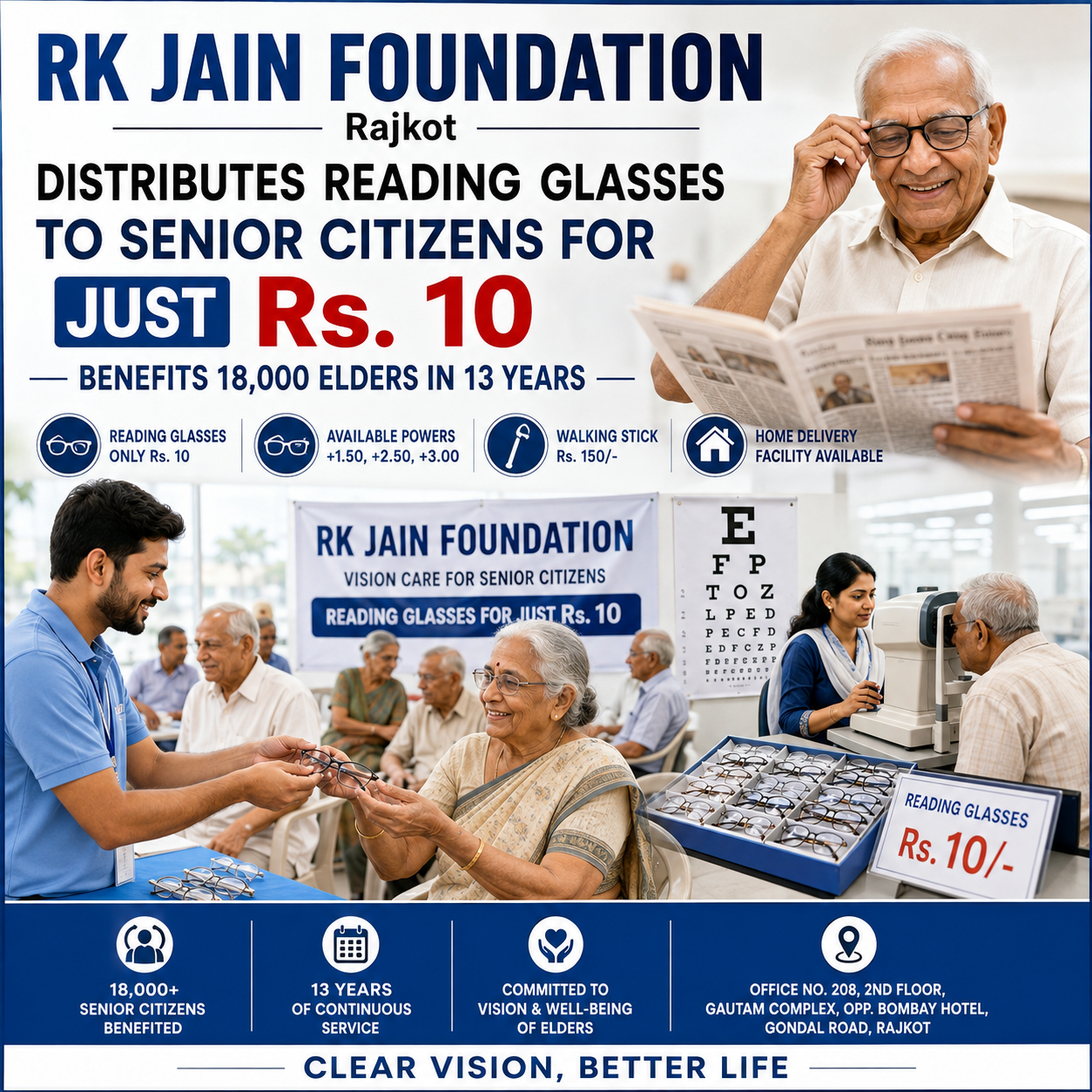 RK Jain Foundation Rajkot Distributes Reading Glasses to Senior Citizens