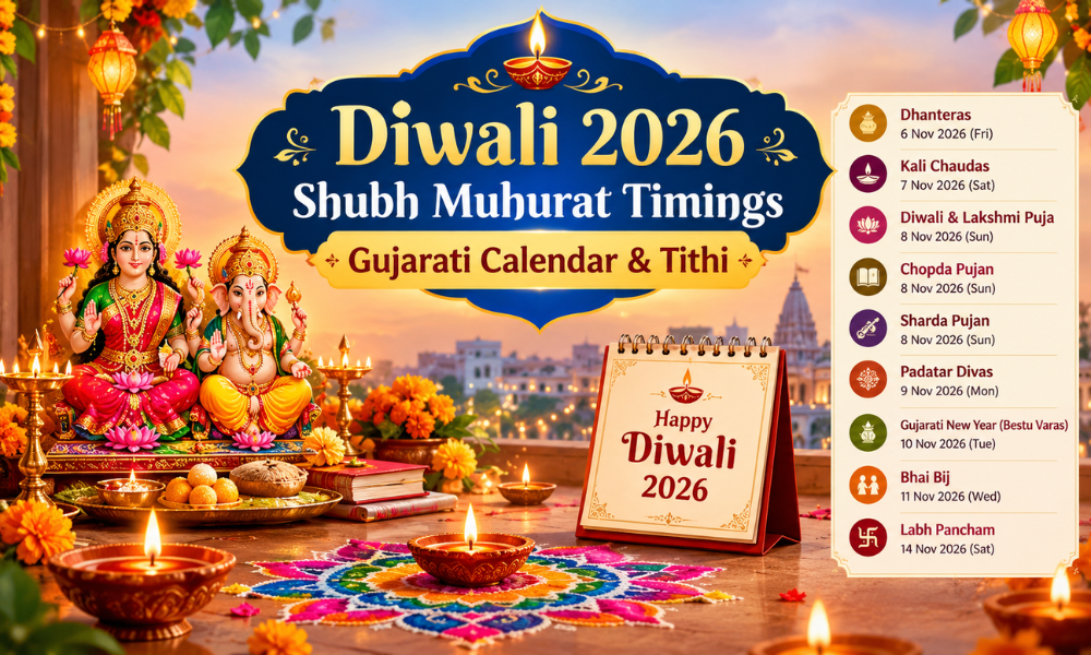 Diwali 2026 Shubh Muhurat Timings for Chopda Pujan & Lakshmi Puja with Gujarati Calendar & Tithi
